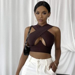 SHEIN SZ MEDIUM CRISS CROSS CROP TOP BROWN